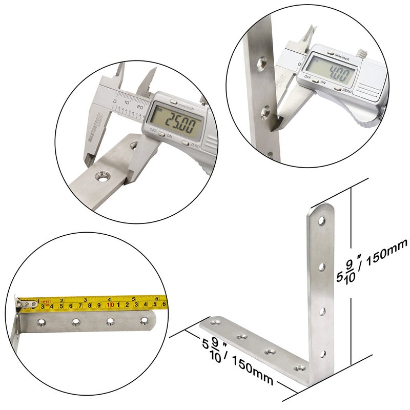 WEBI L Brackets Corner Bracket,90 Degree Stainless Steel Corner Brace- 8 Packs 4 mm Thick 6" X 6",Heavy Duty Shelf Brackets Right Angle Bracket for Shelf, Wood, Furniture, Brushed Nickel - Image 2